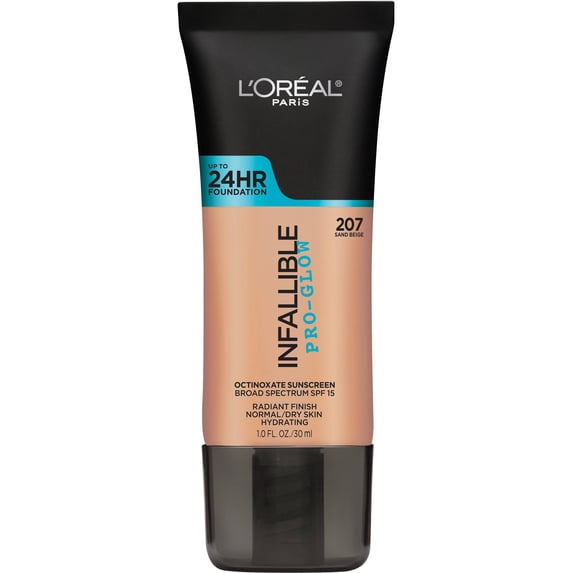 L'Oreal Paris Infallible Pro-Glow Liquid Foundation Makeup, 207 Sand Beige, 1 fl oz