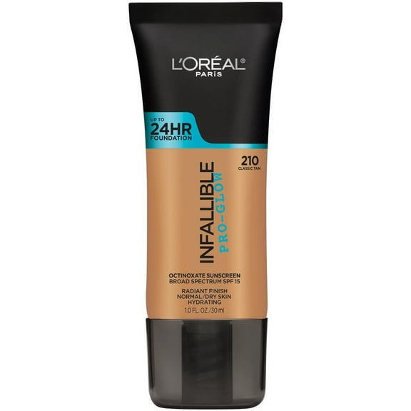 L'Oreal Paris Infallible Pro-Glow Liquid Foundation Makeup, SPF 15, 210 Classic Tan, 1 fl oz