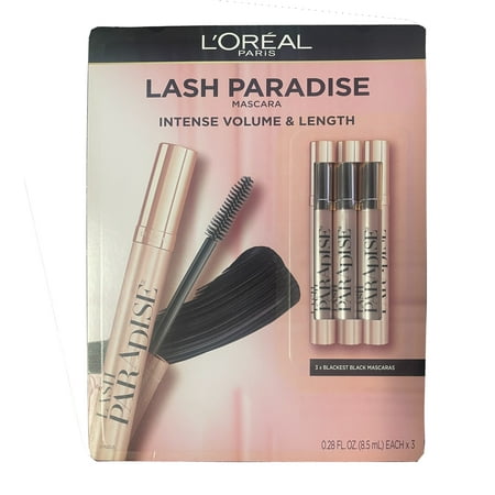 L'Oreal Paris Voluminous Makeup Lash Paradise Volume Mascara, Blackest Black, Washable, 3 Pack