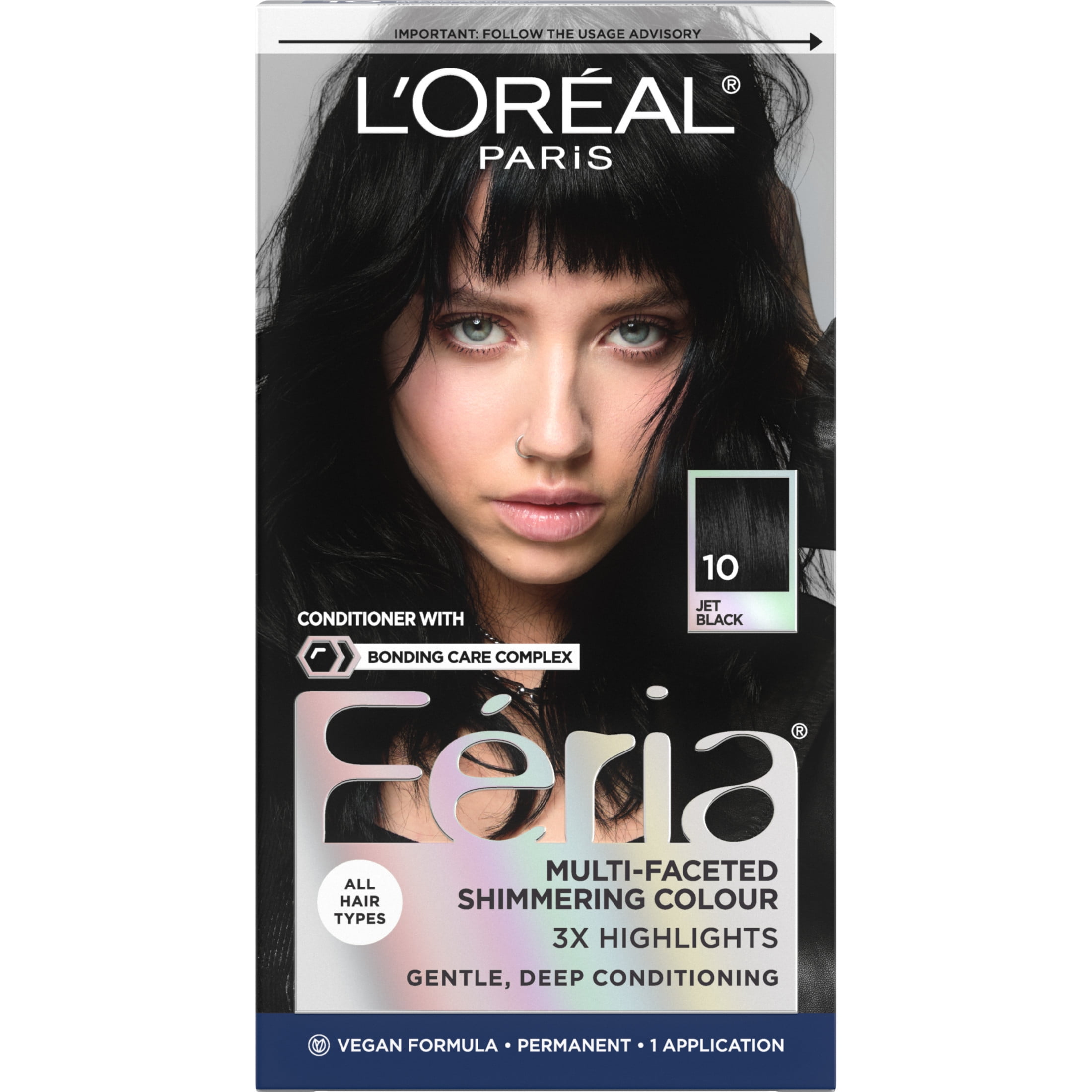 L'Oreal Paris Feria Shimmering Permanent Hair Color, 10 Jet Black ...
