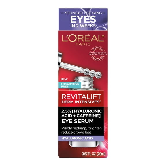 L,Oreal Paris Revitalift Derm Intensives Hyaluronic Acid + Caffeine Hydrating Eye Serum, 0.67 Fl. Oz..