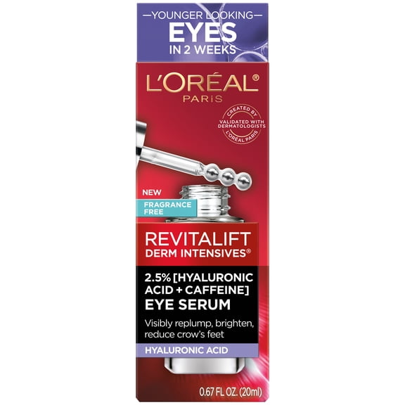 L'Oreal Paris Revitalift Derm Intensives Hyaluronic Acid and Caffeine Eye Serum for Dark Circles, 0.67 fl oz