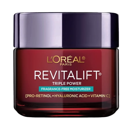 L,Oreal Paris Revitalift Triple Power Anti-Aging Face Moisturizer, Fragrance Free, Pro Retinol, Hyaluronic Acid & Vitamin C To Reduce Wrinkles, Firm & Brighten Skin, 2.55 Oz