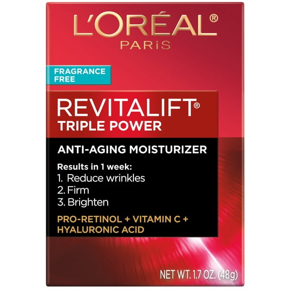L'Oreal Paris Revitalift Triple Power Anti-Aging Face Moisturizer, Fragrance Free, Pro Retinol, Hyaluronic Acid & Vitamin C to Reduce Wrinkles, Firm & Brighten Skin, Unscented Cream, 1.7 oz