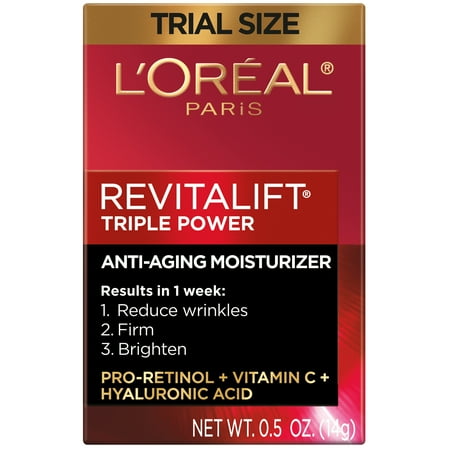 L'Oreal Paris Revitalift Triple Power Anti-Aging Face Moisturizer Travel Size, Pro Retinol, Hyaluronic Acid & Vitamin C, Reduce Wrinkles, 0.5oz