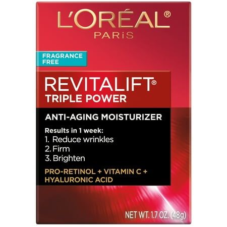 L'Oreal Paris Revitalift Triple Power Anti-Aging Face Moisturizer, Fragrance Free, Pro Retinol, Hyaluronic Acid & Vitamin C to Reduce Wrinkles, Firm & Brighten Skin, Unscented Cream, 1.7 oz