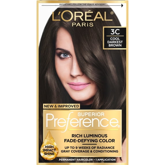 L'Oreal Paris Superior Preference Fade-Defying Permanent Hair Color, 3C Cool Darkest Brown, 1 kit