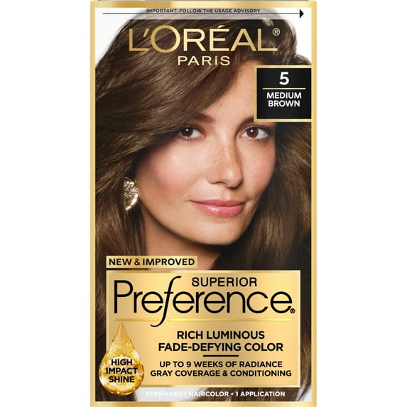 L'Oreal Paris Superior Preference Fade-Defying Permanent Hair Color, 5 Medium Brown, 1 Kit