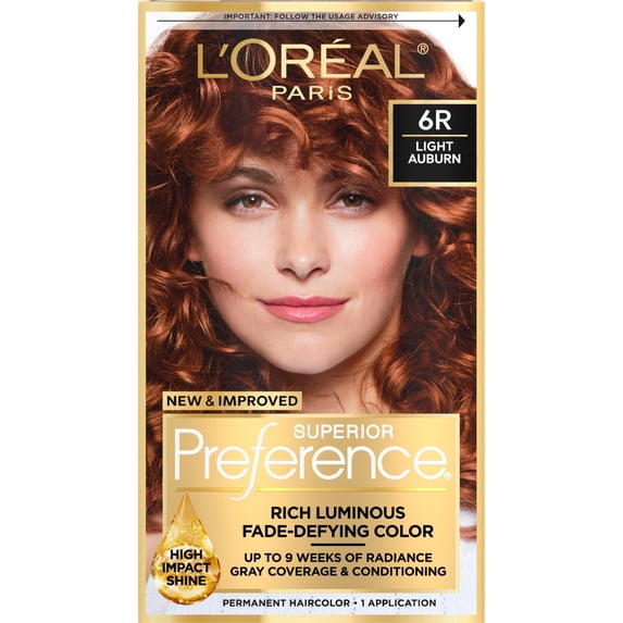 L'Oreal Paris Superior Preference Fade-Defying Permanent Hair Color, 6R Light Auburn, 1 kit