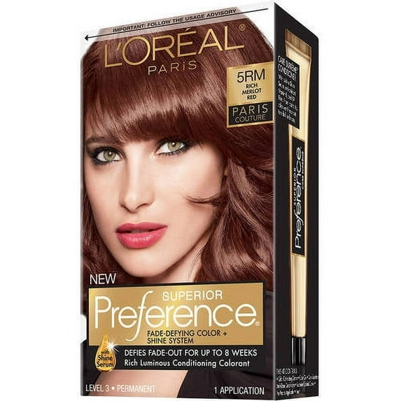 L'Oreal Paris Superior Preference Fade-Defying Shine Permanent Hair Color, 5RM Rich Merlot Red, 1 kit