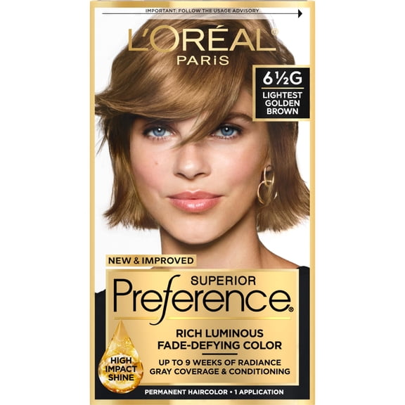 L,Oreal Paris Superior Preference Fade-Defying + Shine Permanent Hair Color, 6.5G Lightest Golden Brown, Pack Of 1, Hair Dye