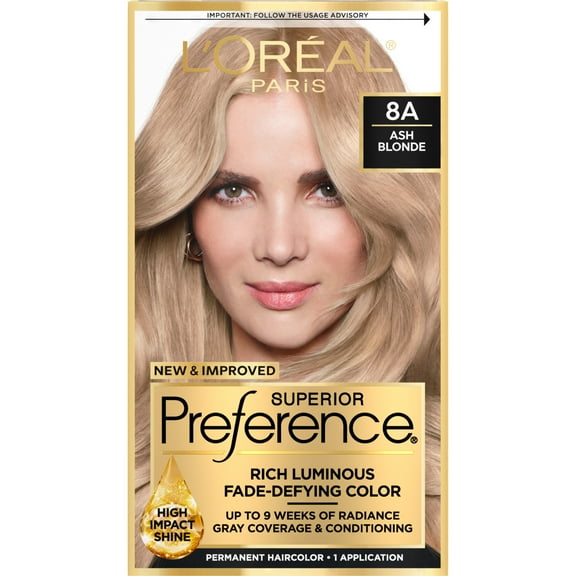 L'Oreal Paris Superior Preference Luminous Fade-Defying Permanent Hair Color, 8A Ash Blonde, 1 Kit