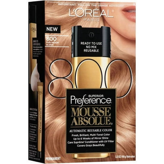 L'Oreal Paris Superior Preference Mousse Absolue Hair Color, 800 Pure Medium Blonde, 3.2 oz