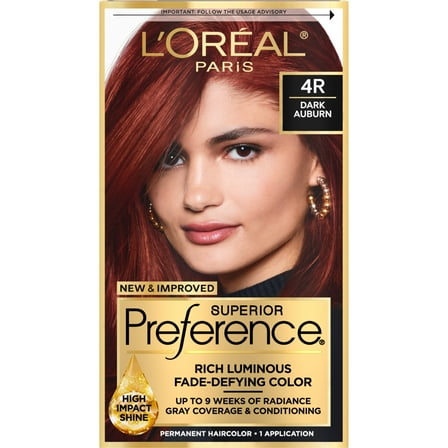 L'Oreal Paris Superior Preference Permanent Hair Color, 4R Dark Auburn, Fade-Defying, 1 kit