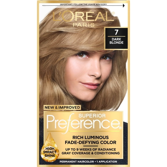 L'Oreal Paris Superior Preference Permanent Hair Color, 7 Dark Blonde, Fade-Defying, 1 kit