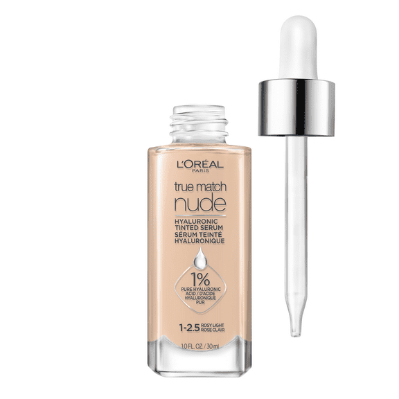 L'Oreal Paris True Match Nude Hyaluronic Tinted Serum Foundation Makeup, 1-2.5 Rosy Light, 1 fl oz