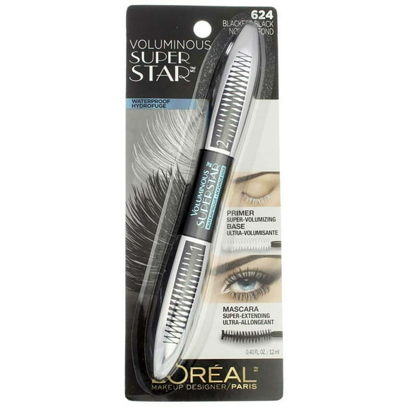 L'Oreal Paris Voluminous Superstar Waterproof Mascara, Blackest Black [624] 0.40 oz (Pack of 2)