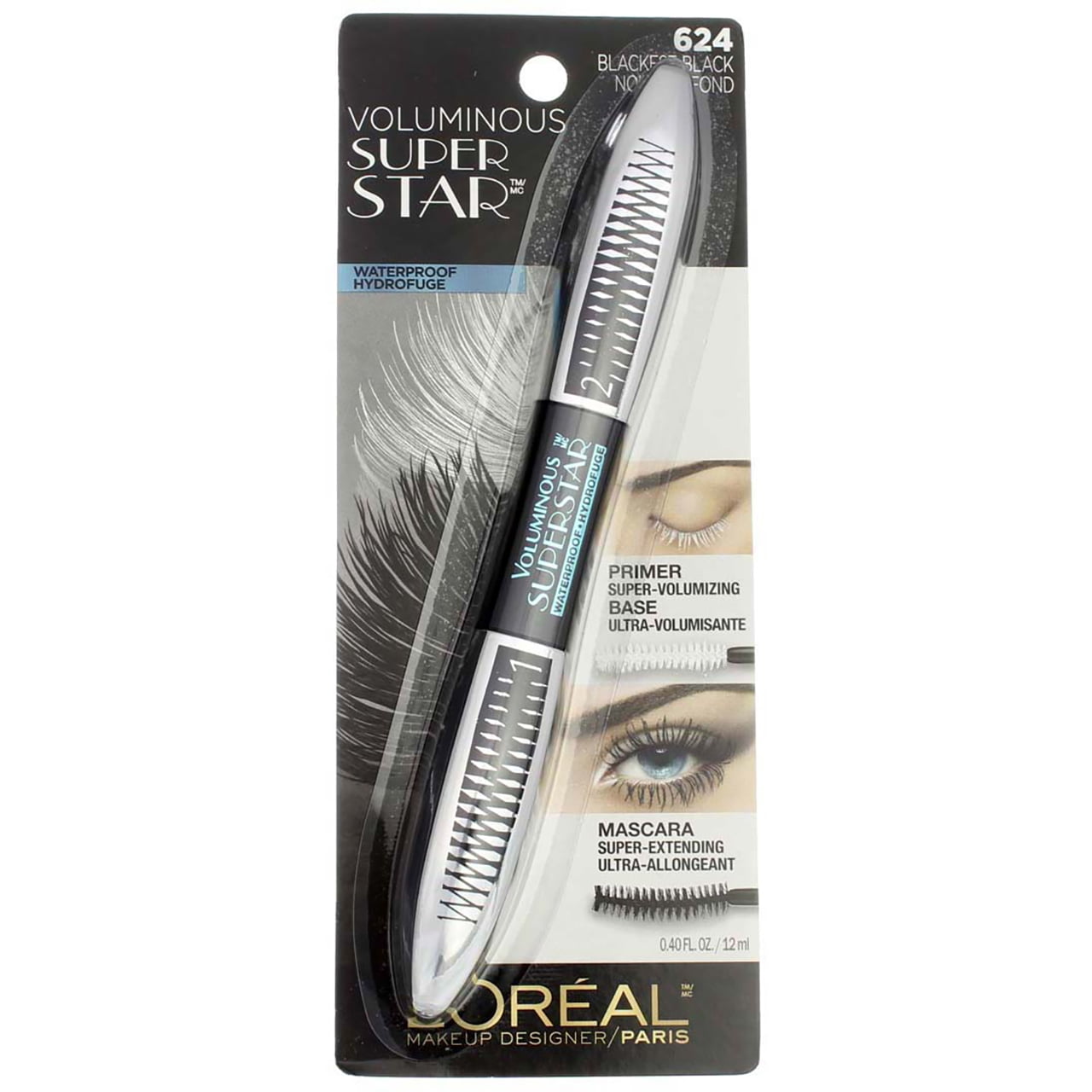 L'Oreal Paris Voluminous Superstar Waterproof Mascara, Blackest Black [624]  0.40 oz (Pack of 4) - Walmart.com, image size:1280x1280