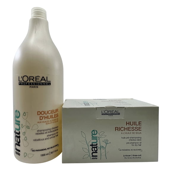 L'Oreal Professionnel Douceur D'Huiles Shampoo 50.7 oz & Huile Richesse Pre Shampoo Oil 15x2ml Rebellious & Unruly Hair