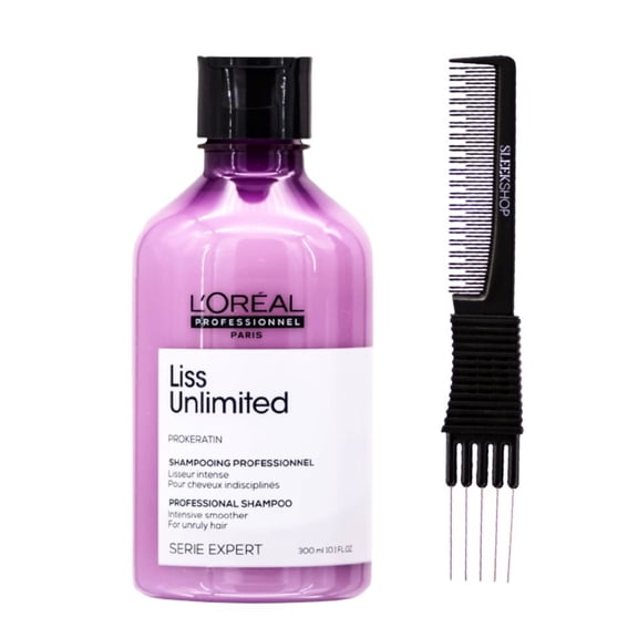 L'Oreal SerieExpert Liss Unlimited Prokeratin Shampoo ,Intensive Smoother For Unrully Hair (10.1 oz) with SLEEKSHOP Teasing Comb Pack of 1