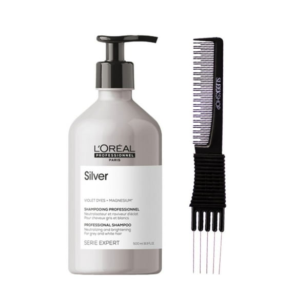 L'Oreal SerieExpert Magnesium Silver Shampoo For Gray & White Hair (16.9 oz) with SLEEKSHOP Teasing Comb Pack of 1