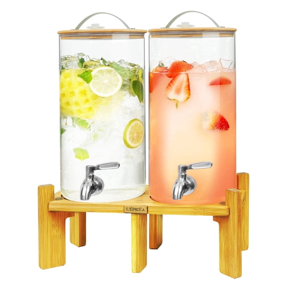L'PICA 2 PCS 1.5 Gallon Glass Beverage Dispensers with Wood Stand, Drink Fountain for Parties with Stainless Steel Spigot, Water Dispenser for Home