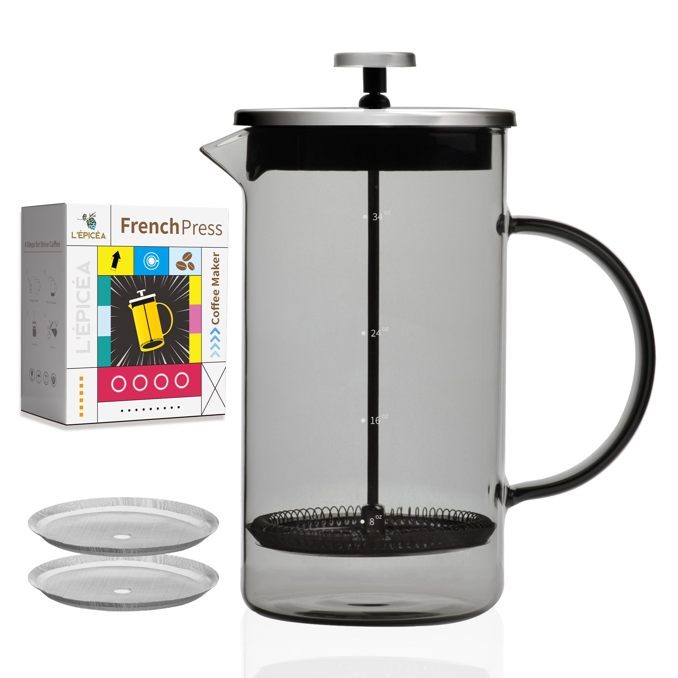 Mind Reader Single Serve French Press Coffee & Tea Maker, 2 Pack, Glass, Black