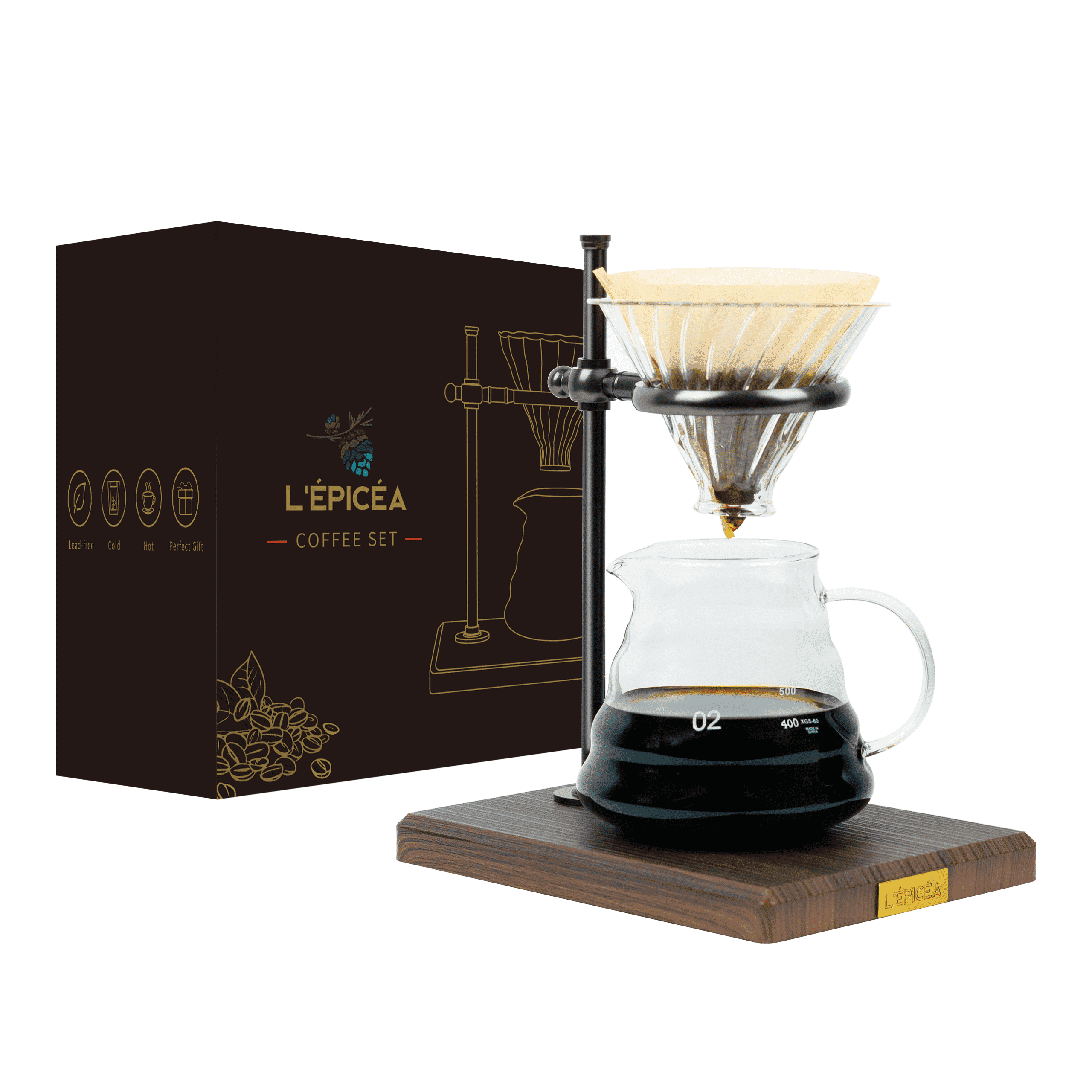 L'ÉPICÉA Pour Over Coffee Maker Set,Pour Over Coffee Maker with Stand,Adjustable Stainless Steel Stand(Black)