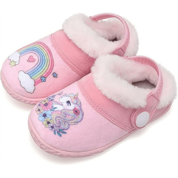 L-Run Kids Fluffy Fuzzy Slippers Boys Girls House Home Slippers with Strap Slip-on Shoes 7.5-8