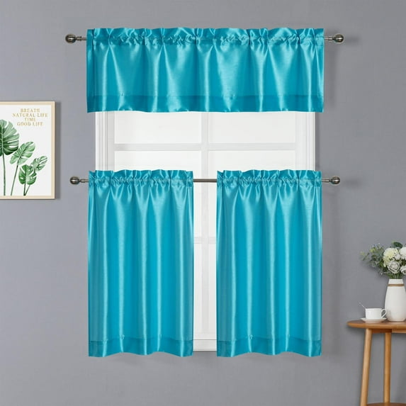 L & S Modern Rod Pocket Semi Sheer Faux Silk Complete Window 3 Pc Kitchen Curtain Tier & Valance Set - Turquoise