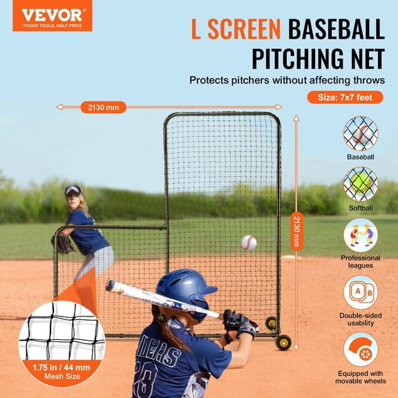 L Screen Baseball for Batting Cage,7x7 ft Softball Safety Screen,Body Protector Portable Batting Screen with Carry Bag,Wheels,Ground Stakes,Heavy Duty Pitching Net for Pitchers Protection