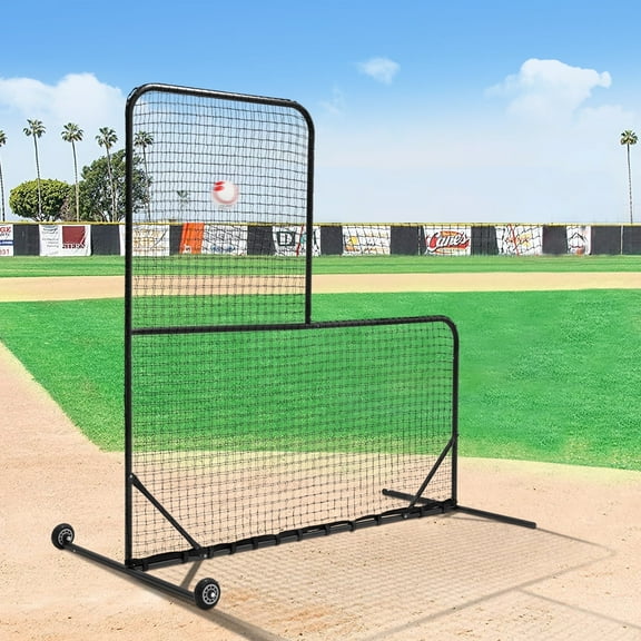 L Screen Baseball Pitching Net for Batting Cage - Baseball L Screen 7x7FT Portable L Pitcher Protector Net for Batting Practice, Softball, Backyard, Includes Portable Carry Bag Training Ball