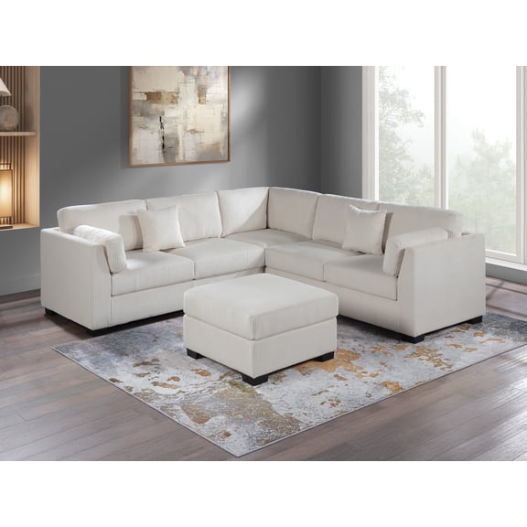 L-Sectional RAF/LAF One Arm-Loveseat Corner Wedge Cocktail Ottoman Beige Corduroy Upholstered Pillows 4pc Sectional Sofa Set