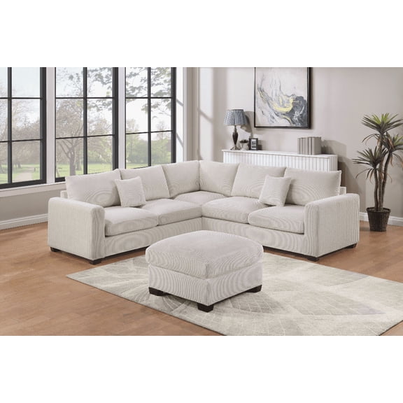 L-Sectional Sofa Set in Corduroy Ivory - 4pcs with Loveseats, Corner Wedge & Ottoman for Living Room