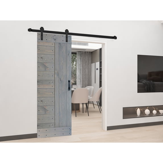 L Series 30in. X 84in. French Gray Finished DIY Knotty Pine Wood Sliding Barn Door With Hardware Kit