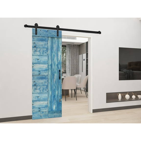 L Series 30in. X 84in. Worn Navy Finished DIY Knotty Pine Wood Sliding Barn Door With Hardware Kit