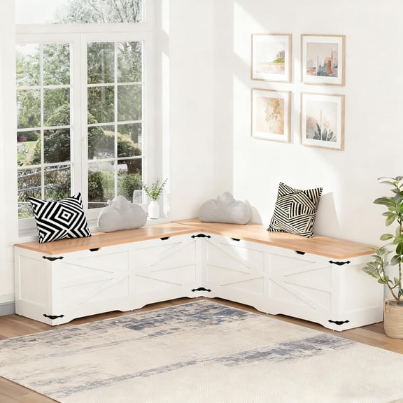 L-Shape Backless Farmhouse Corner Storage Bench with Hidden Storage, for Kitchen, Dining Room, or Entryway
