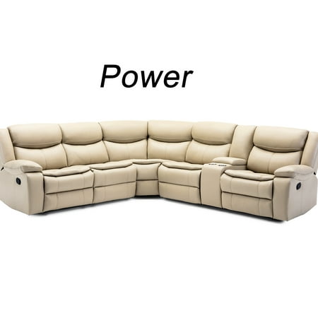 L Shape Breath Leather Power Reclining Sectional In Cream With - 5 Relaxing Zone, Manual Recline Feature, Foam Seat Padding, Synthetic Fiber Back Fill, Solid + Manufactured Wood Metal Frame, Pillow