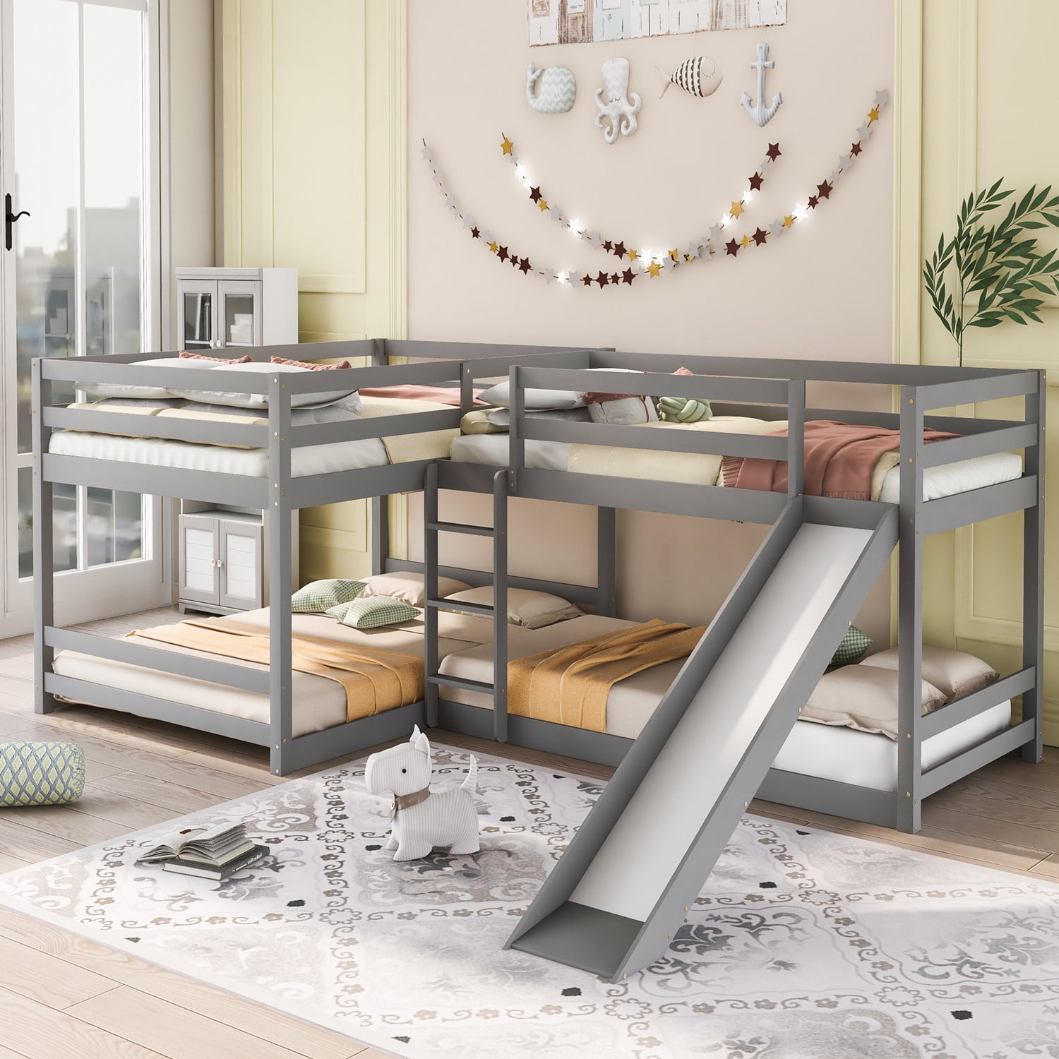 LShape Bunk Bed for 4, Quad Bunk Beds with Slide and Builtin Ladder