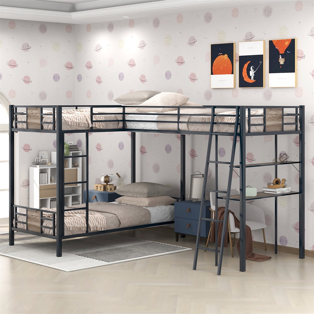 L Shape Bunk Bed,Metal Triple Bunk Bed with Desk and Shelf,Twin over