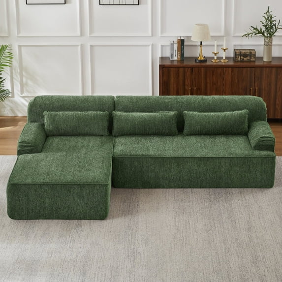 L-Shape Chenille Luxury Sectional Sofa with Side Pocket, Oversized Mnimalist Design Couch, Comfy Sleeper Sleeper Sofa Couch for Living Room, Apartment, No Assembly Required, Green