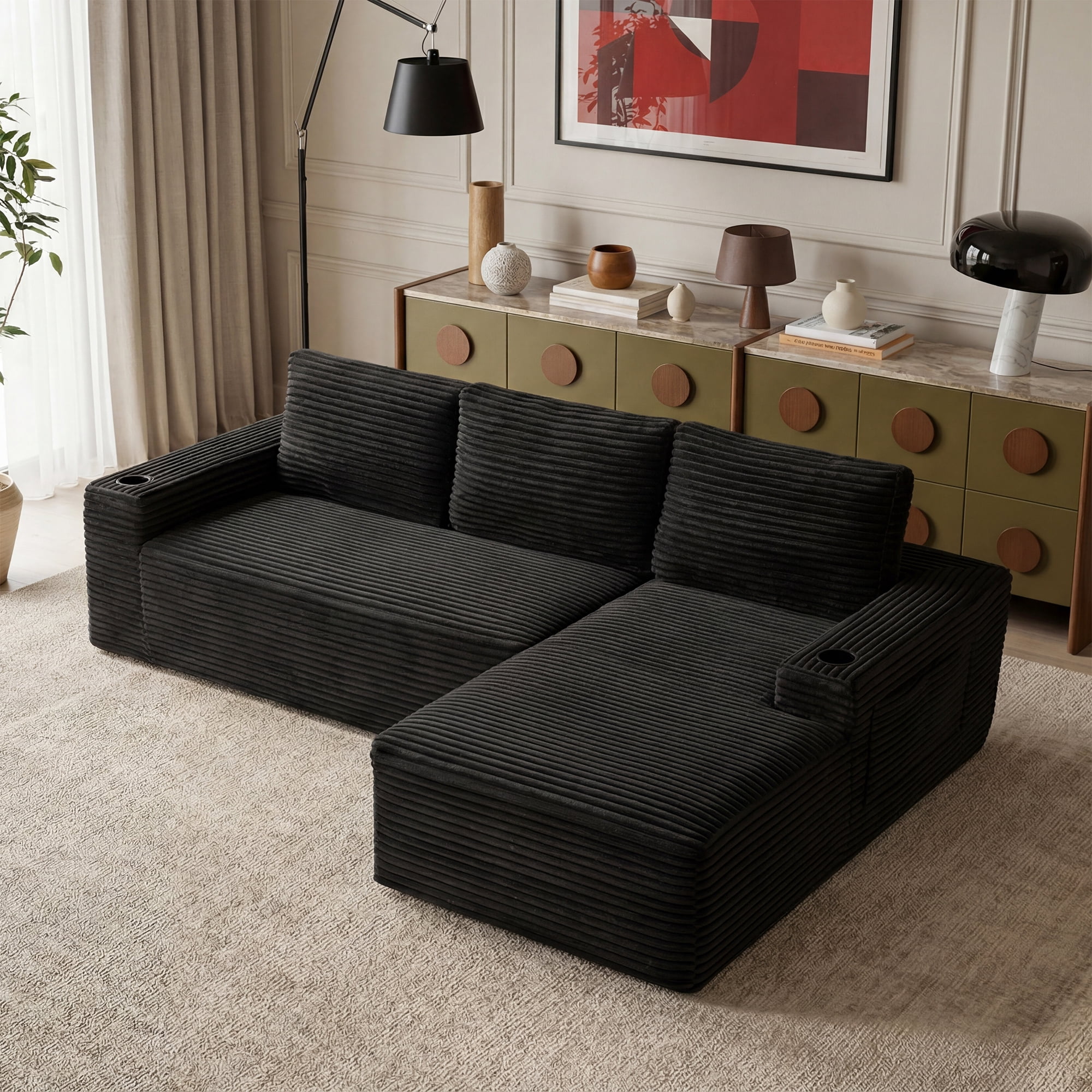 L-Shape Cloud Couch Cup Holders, Modular 104" Cloud Sectional Sofa Corduroy Boneless Sofa Couch with Chaise for Living Room, Black