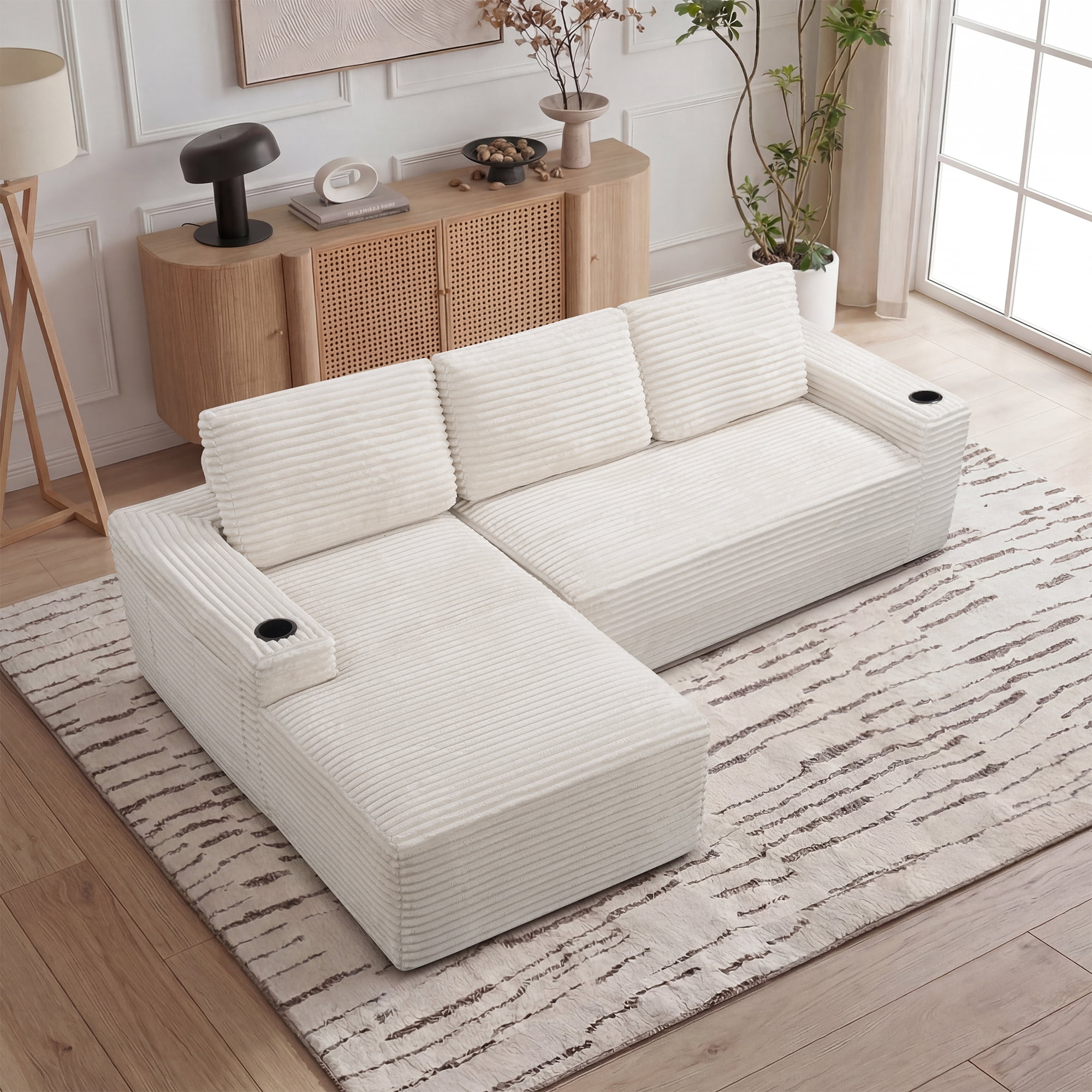 L-Shape Cloud Couch Cup Holders, Modular 104" Cloud Sectional Sofa Corduroy Boneless Sofa Couch with Chaise for Living Room, Cream