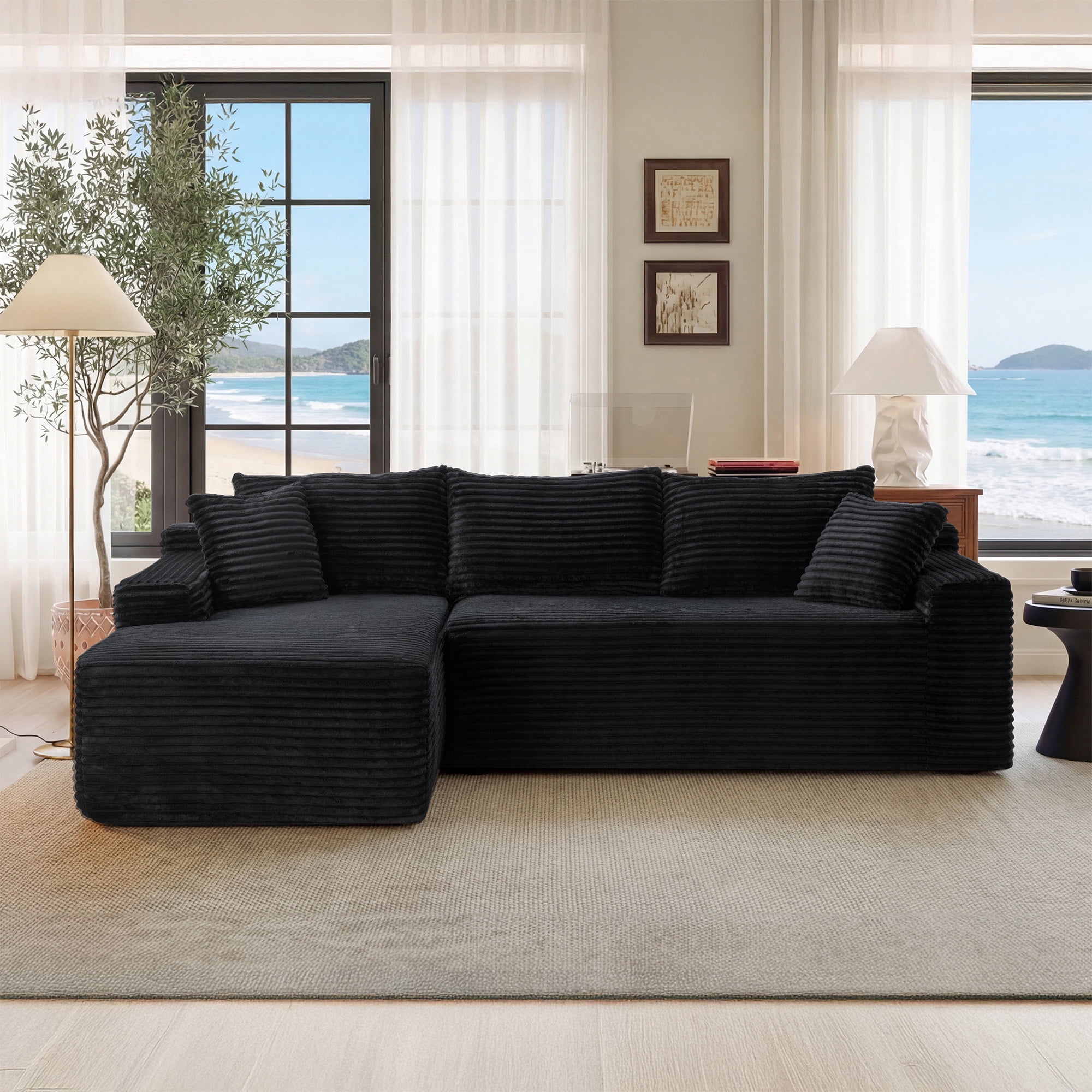 L-Shape Cloud Couch Modular Sectional Sofa Corduroy Boneless Sofa Couch with Chaise, No Assembly Sofa for Living Room, Black