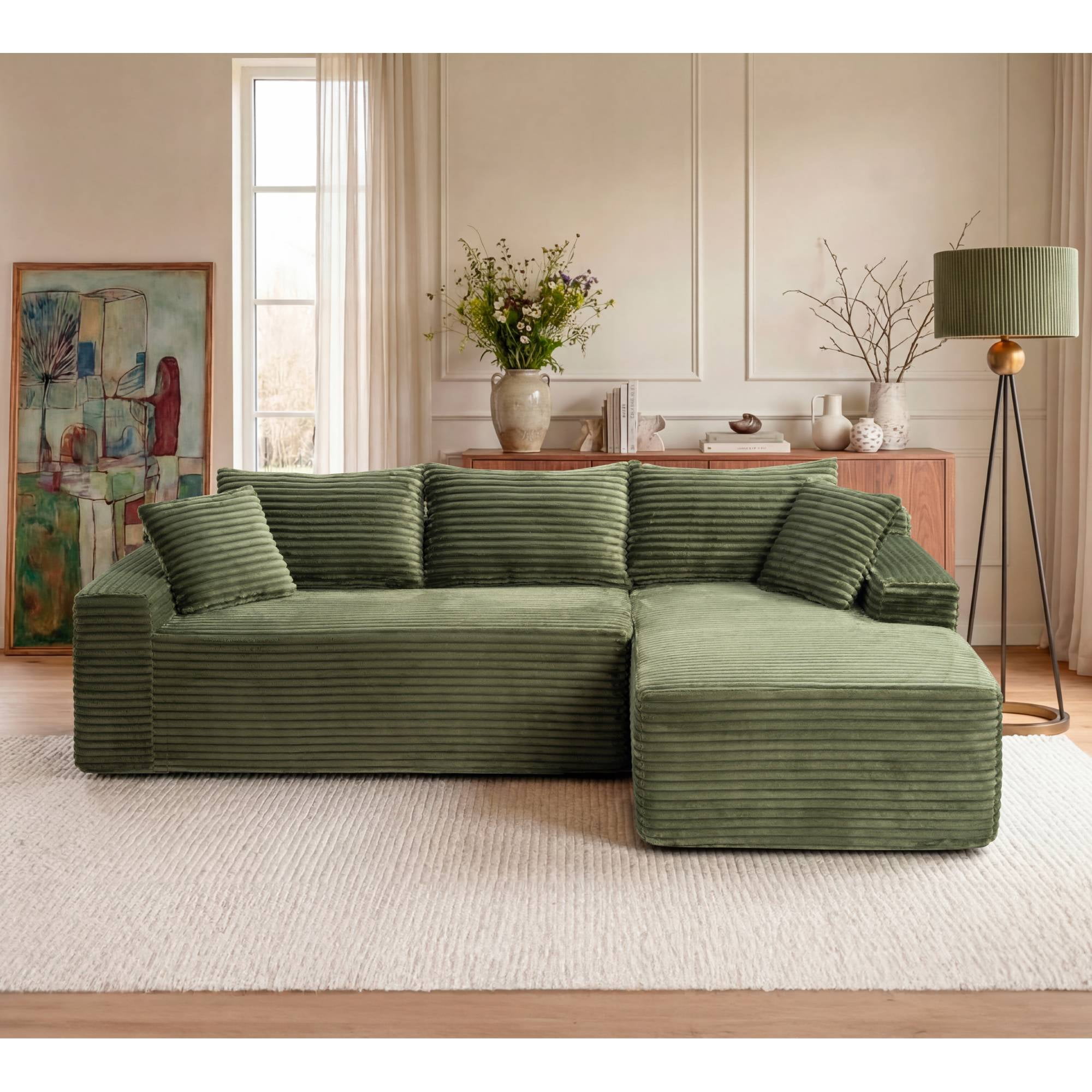 L-Shape Cloud Couch Modular Sectional Sofa Corduroy Boneless Sofa Couch with Chaise, No Assembly Sofa for Living Room, Green