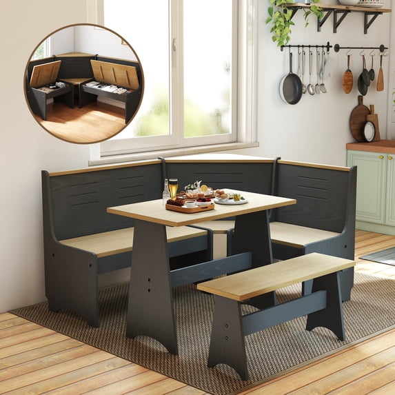 Breakfast Nook Kitchen Corner Dining Table Bench Chair Set, Space-Saving 3-4 Seat L-Shape Farmhouse Mid Century Modern Style for Family Home Black Wood