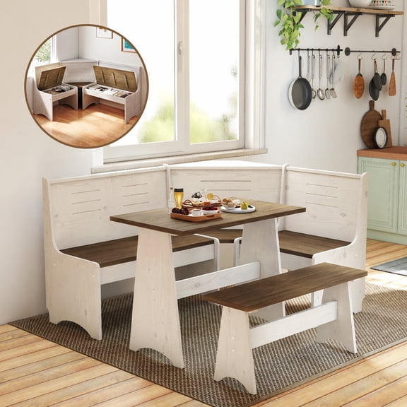 Breakfast Nook Kitchen Corner Dining Table Bench Chair Set, Space-Saving 3-4 Seat L-Shape Farmhouse Mid Century Modern Style for Family Home Wood Brown White