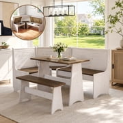 Breakfast Nook Kitchen Corner Dining Table Bench Chair Set, Space-Saving 3-4 Seat L-Shape Farmhouse Mid Century Modern Style for Family Home Wood Brown White