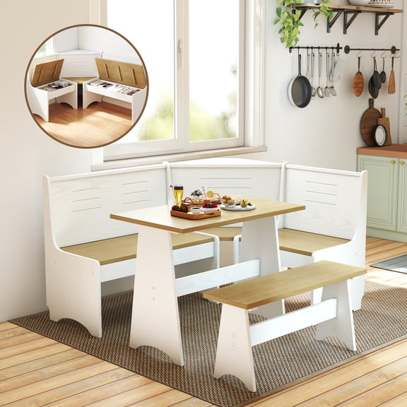 Breakfast Nook Kitchen Corner Dining Table Bench Chair Set, Space-Saving 3-4 Seat L-Shape Farmhouse Mid Century Modern Style for Family Home Natural Wood