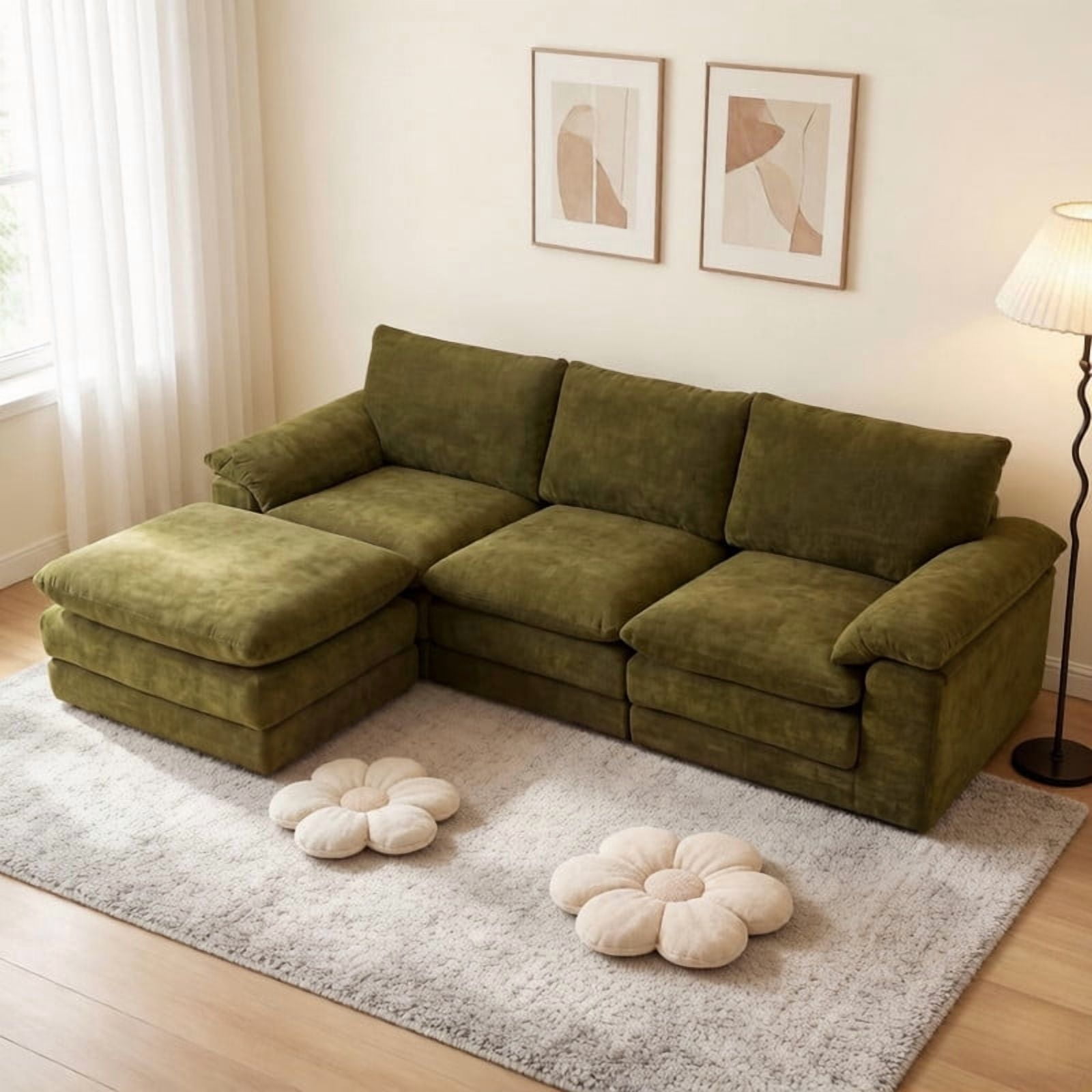 L-Shape Compressed Sectional Sofa with Movable Ottoman, 4-Seat Upholstered Chenille Deep Seat Modular Sofa Floor Couch